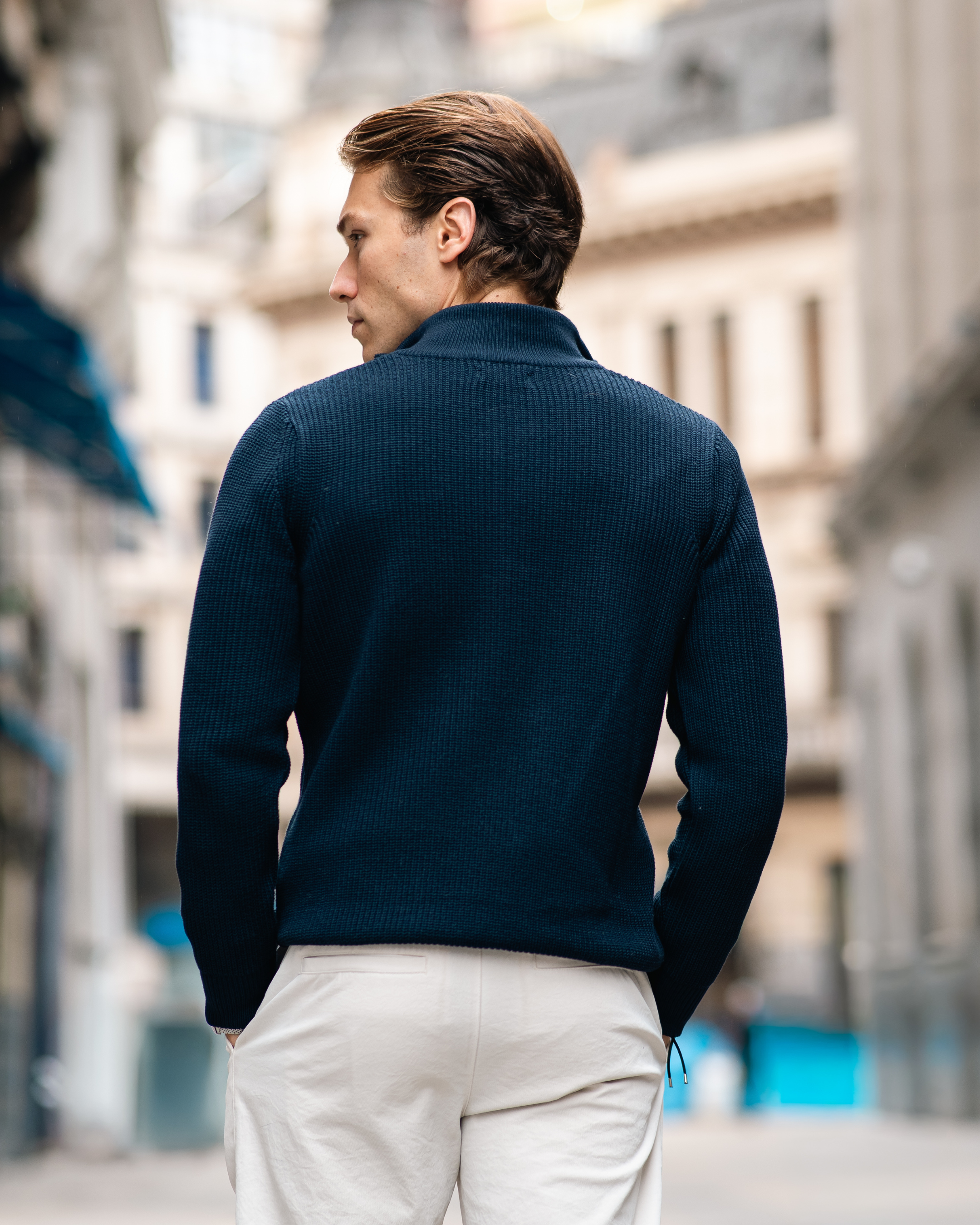 Suéter Masculino Tricot Meio Zíper Gola Alta Azul Marinho costas Parla