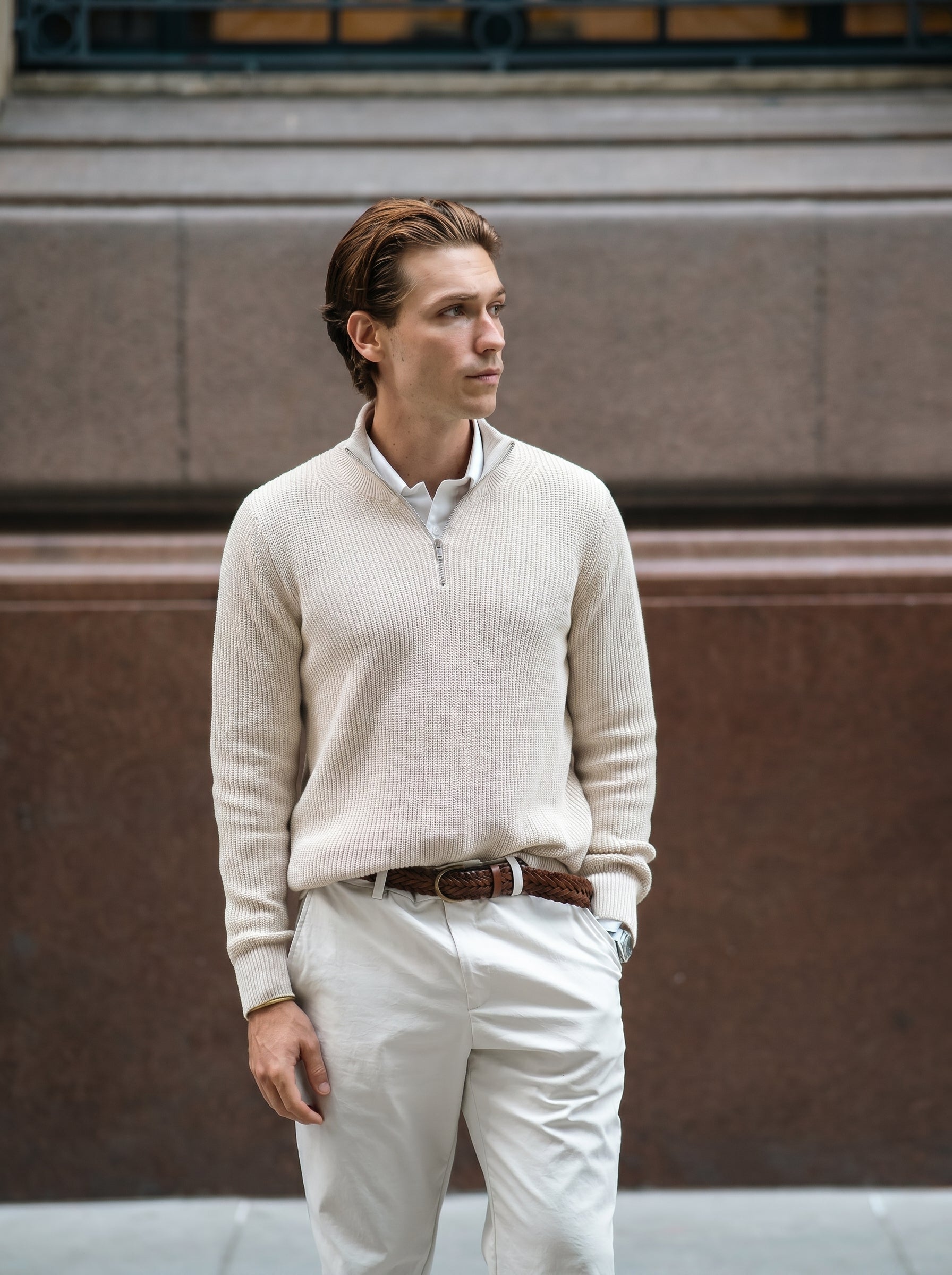 Suéter Masculino Tricô Meio Zíper Gola Alta Bege Parla