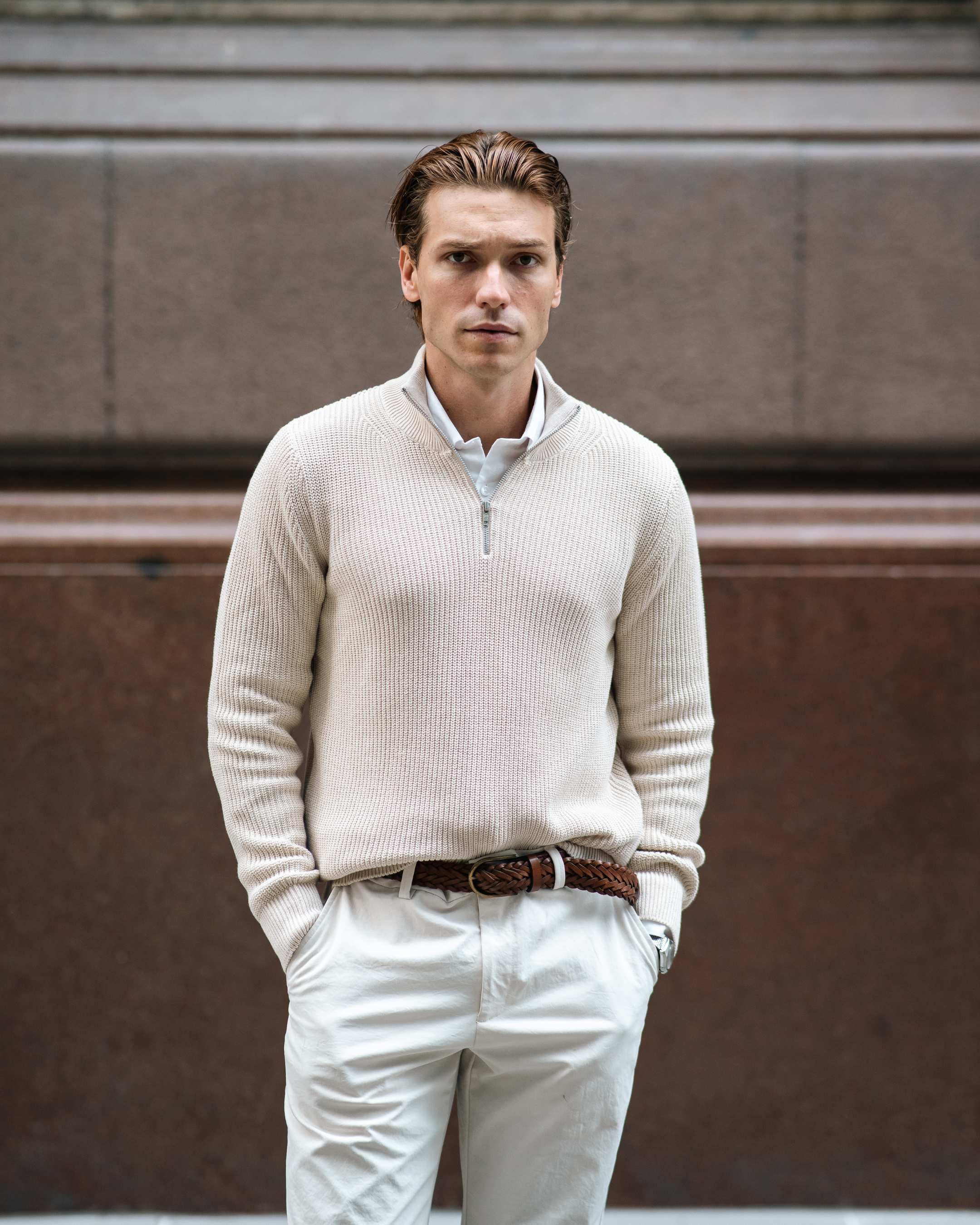 Suéter Masculino Tricô Meio Zíper Gola Alta Bege Parla