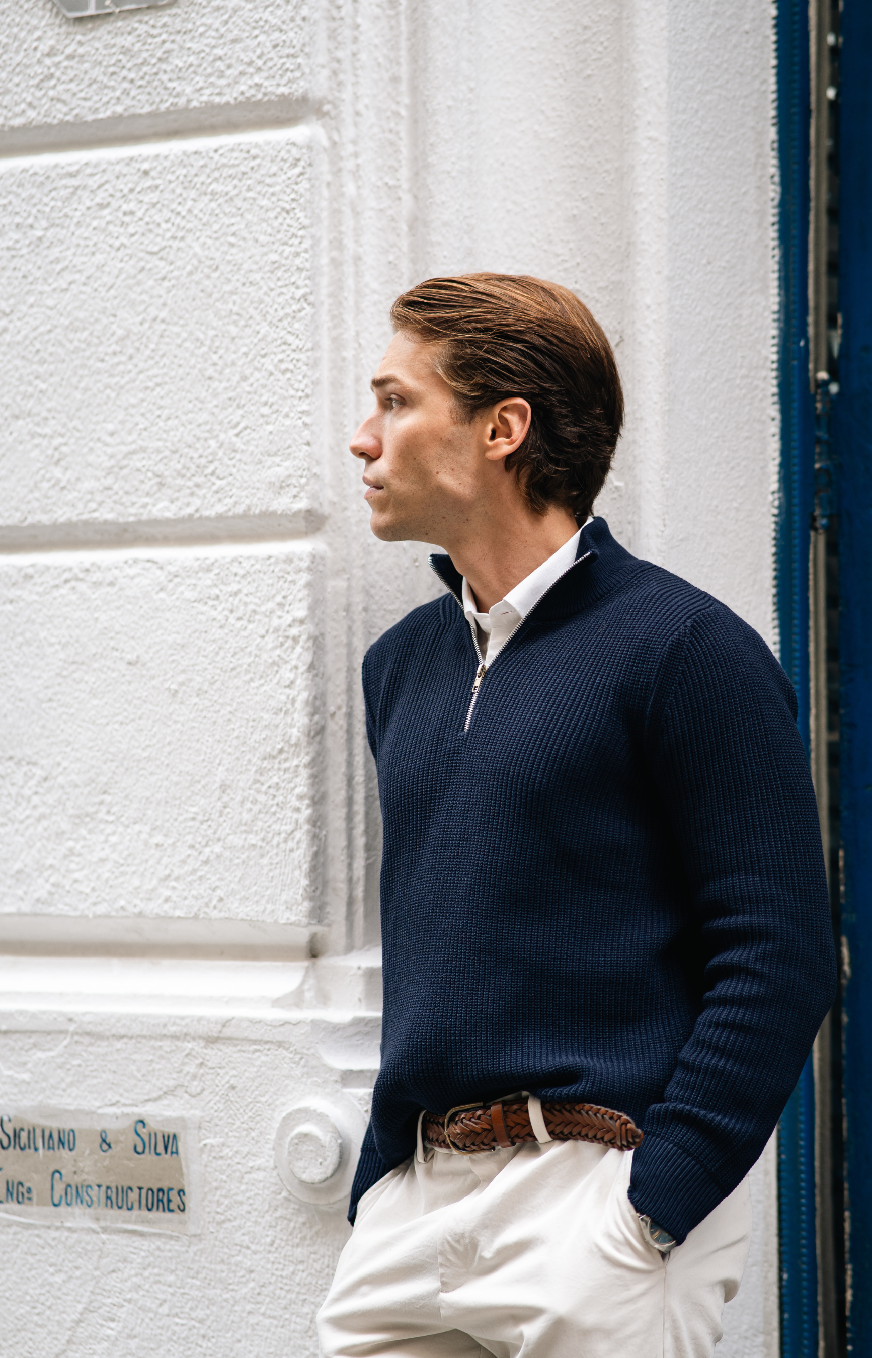 Suéter Masculino Tricot Meio Zíper Gola Alta Azul Marinho contexto Parla