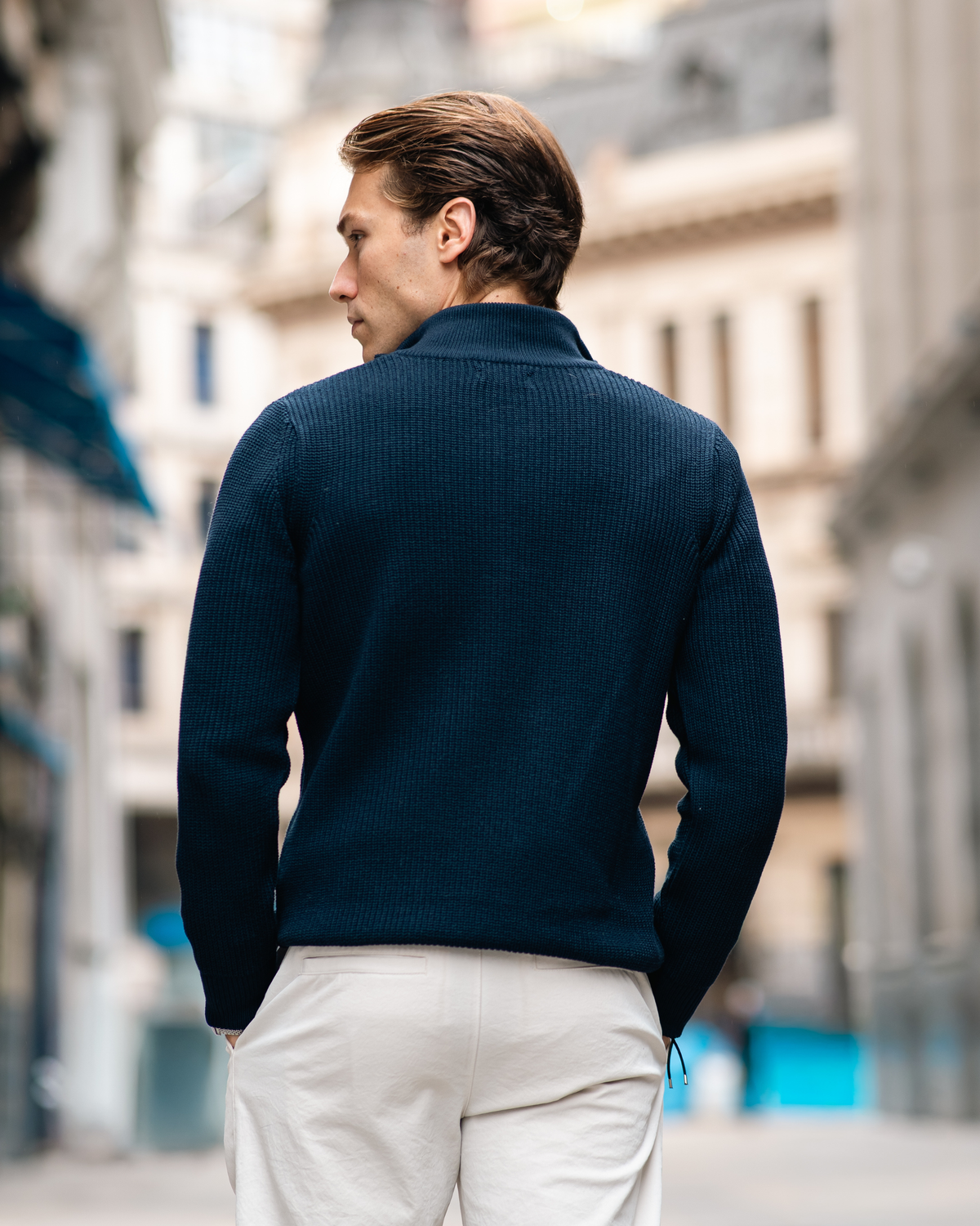 Suéter Masculino Tricot Meio Zíper Gola Alta Azul Marinho costas Parla
