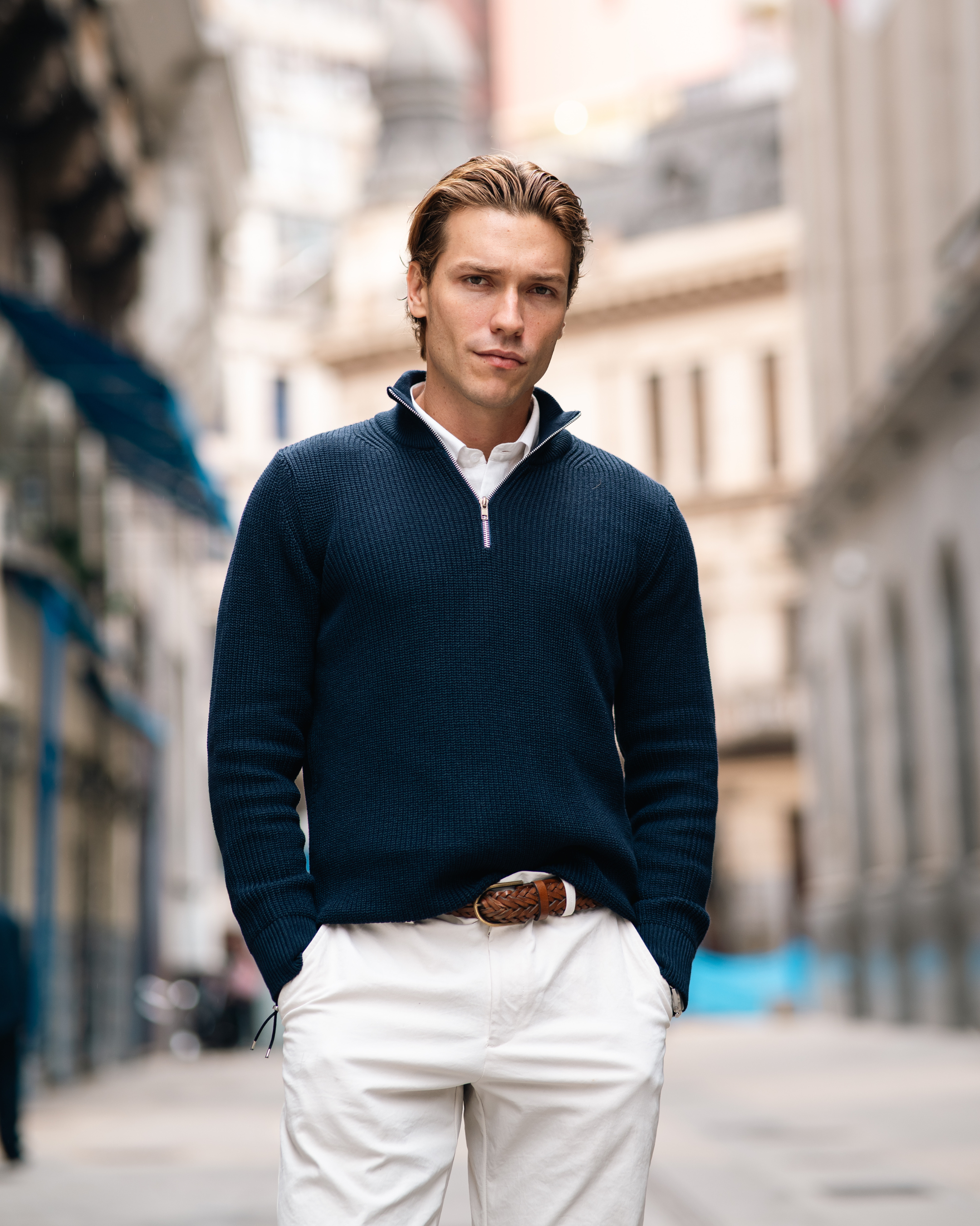 Suéter Masculino Tricot Meio Zíper Gola Alta Azul Marinho frontal Parla
