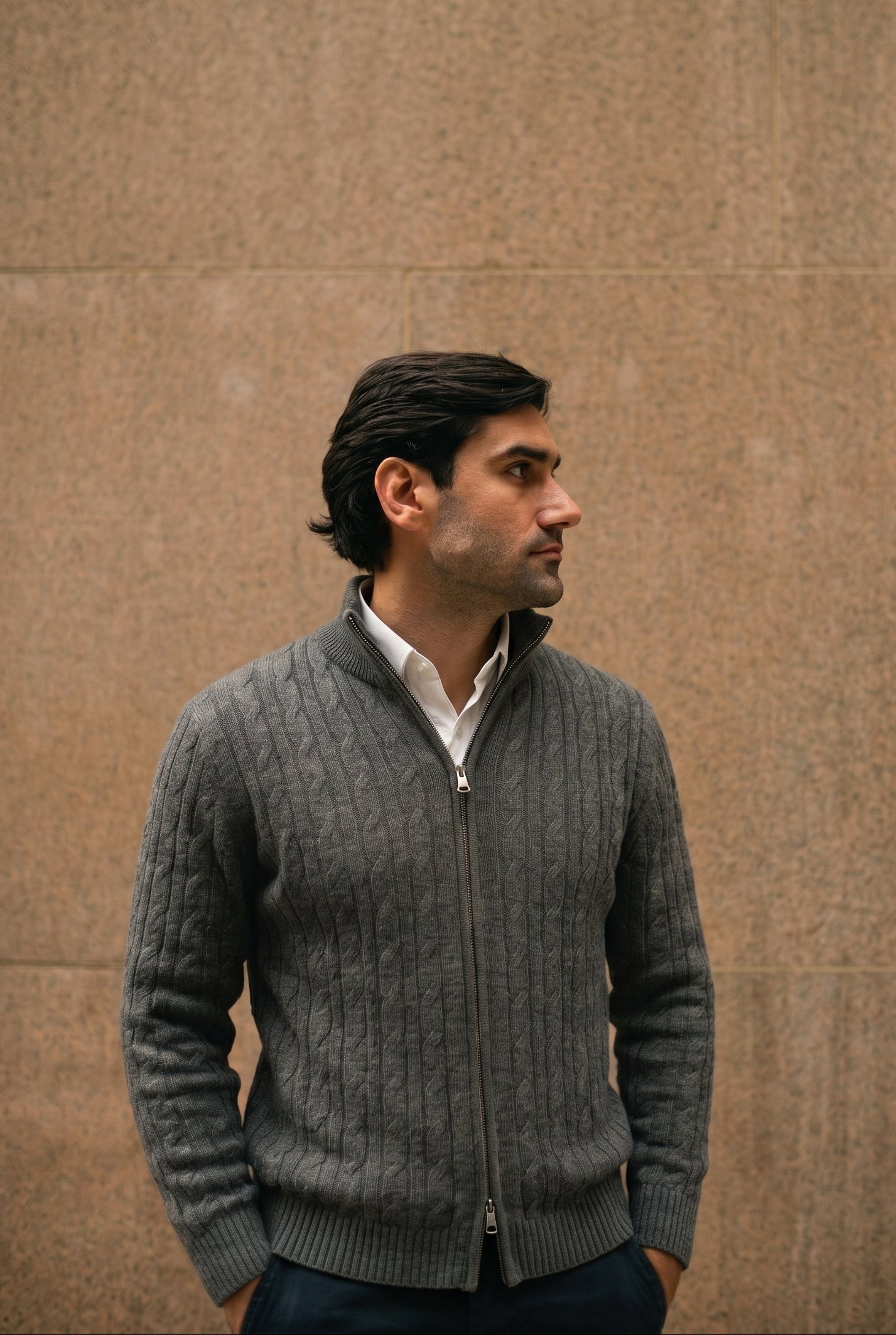 Tricot Full Zip Trançado Cinza Mescla — jaqueta masculina em cable knit — Parla