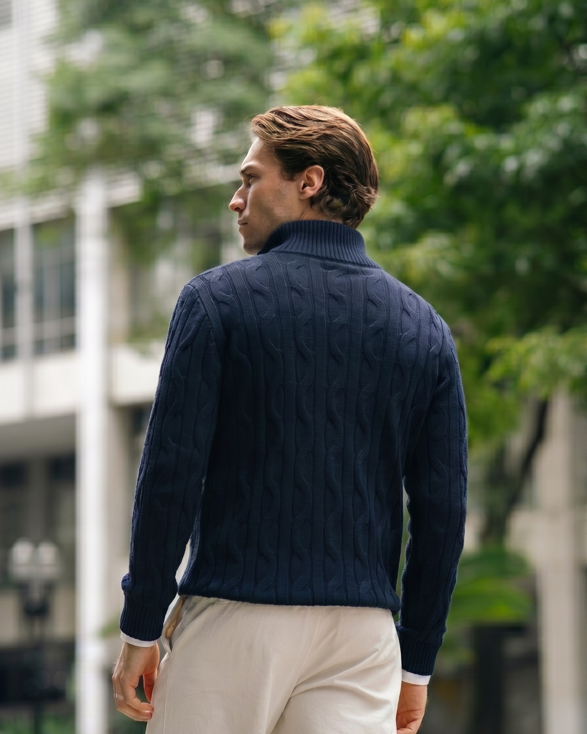 Tricot Full Zip masculino azul marinho — vista das costas — ponto trançado Parla
